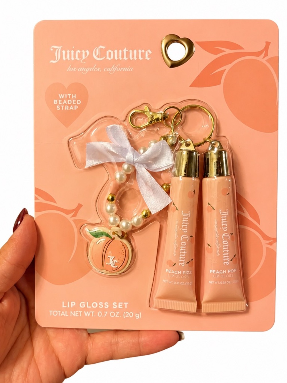 Juicy Couture Peach Lip Gloss Duo & Peach Keychain Gift Set New